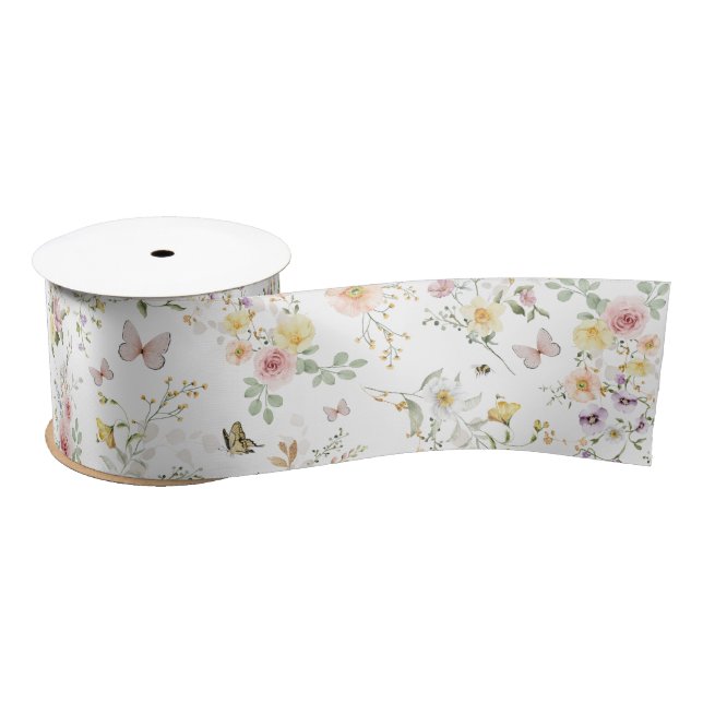 Spring Wildflower Butterfly Flower Garden Greenery Satin Ribbon (Spool)