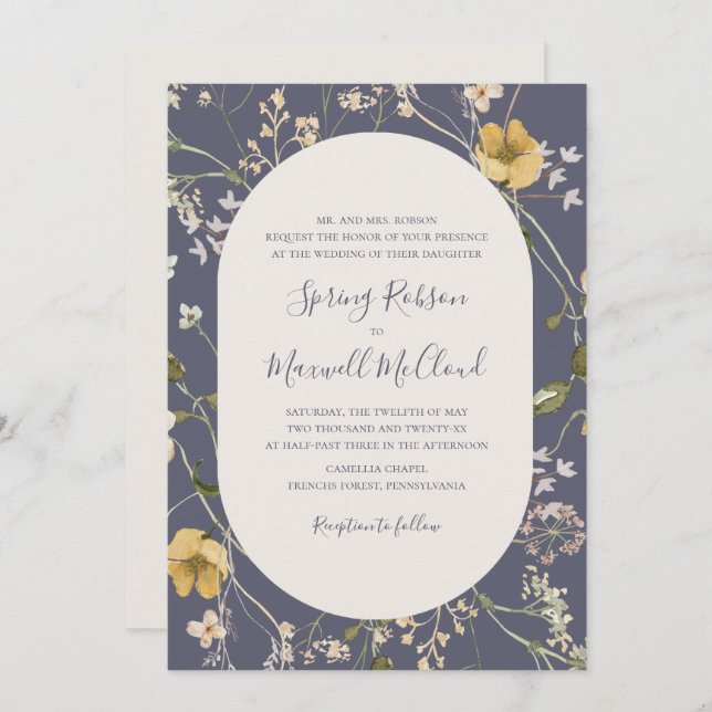 Spring Wildflower Dusty Purple Traditional Wedding Invitation (Front/Back)