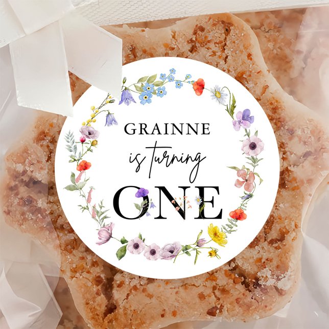 Spring Wildflower First Birthday Party Classic Round Sticker (Creator Uploaded)
