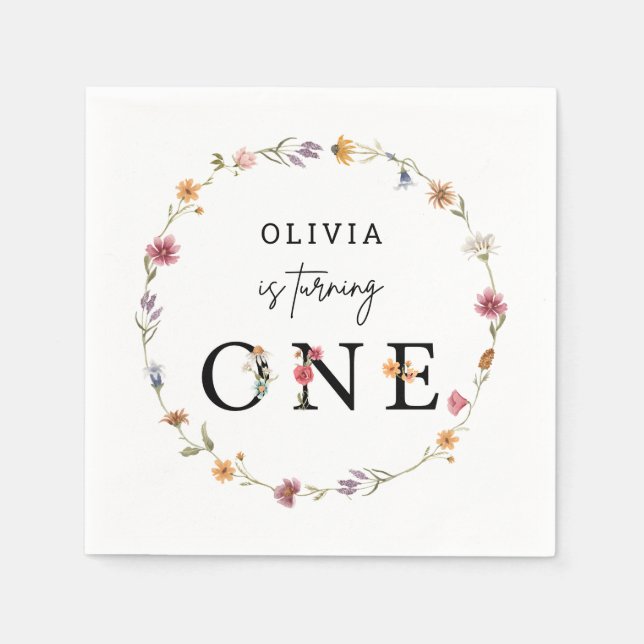 Spring Wildflower First Birthday Party Napkin (Front)