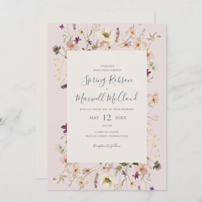 Spring Wildflower Frame Blush Casual Wedding Invitation (Front/Back)