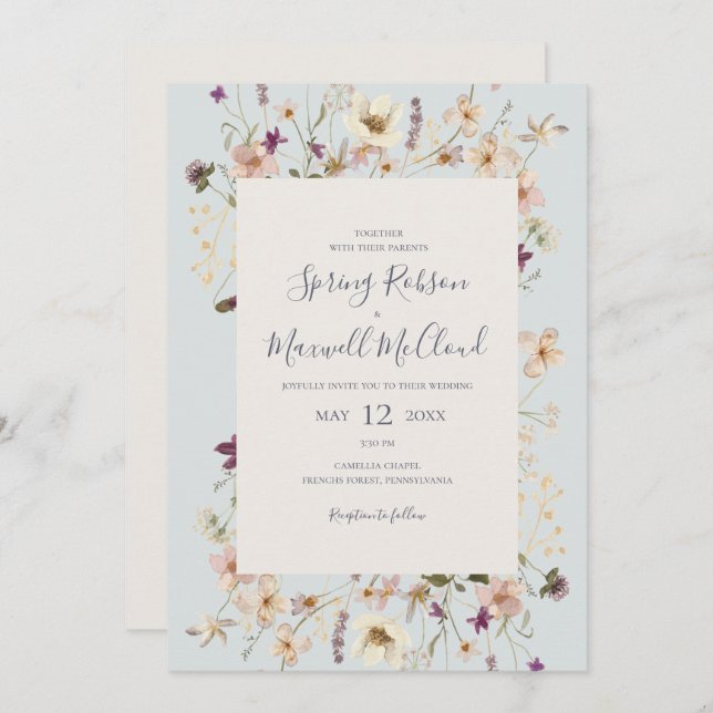 Spring Wildflower Frame Light Blue Casual Wedding Invitation (Front/Back)