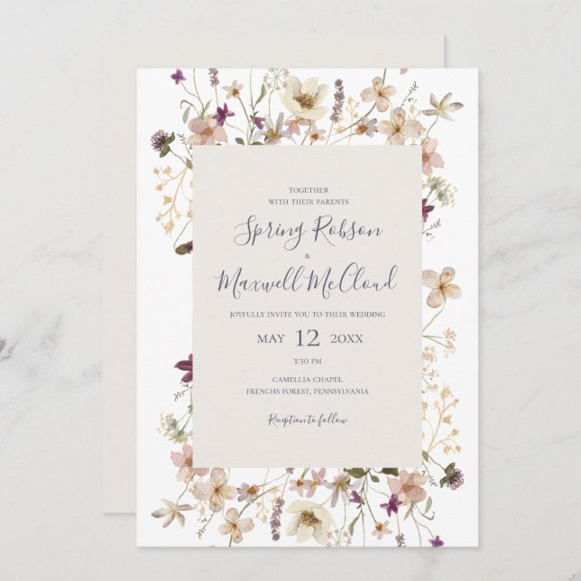 Spring Wildflower Frame White Casual Wedding Invitation (Front/Back)