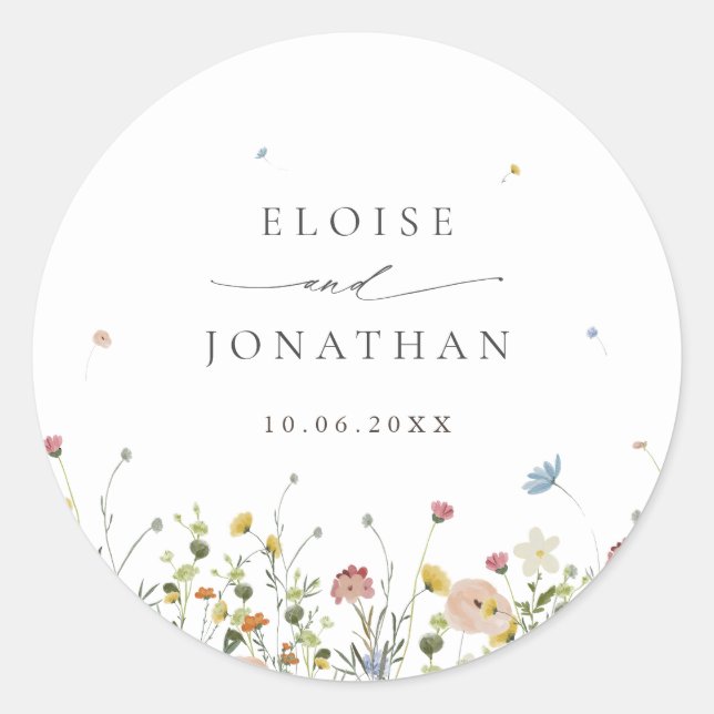 Spring Wildflower Garden Floral Minimalist Wedding Classic Round Sticker (Front)