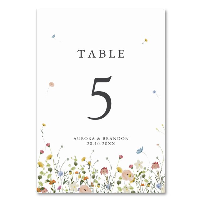 Spring Wildflower Garden Floral Minimalist Wedding Table Number (Front)
