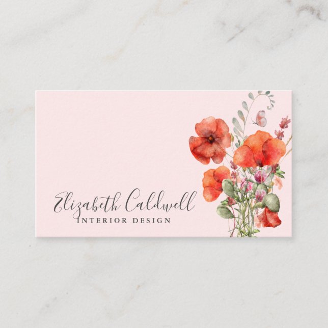 Spring Wildflower Poppy Floral Personalised Business Card (Front)