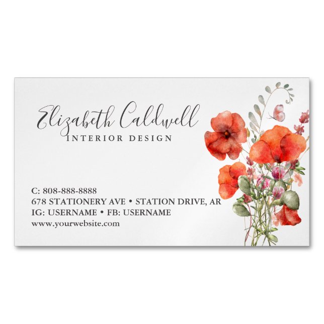 Spring Wildflower Poppy Floral Personalised Magnetic Business Card (Front)