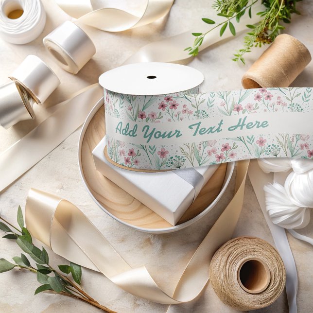 Spring Wildflower Print Blush & Soft Green Art Satin Ribbon (Creator Uploaded)