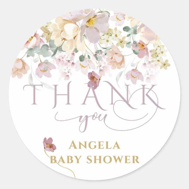 Spring Wildflower Purple Girl Baby Shower thanks Classic Round Sticker (Front)