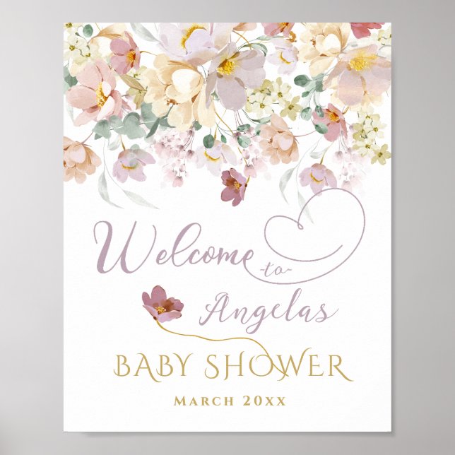 Spring Wildflower Purple Girl Baby Shower welcome Poster (Front)