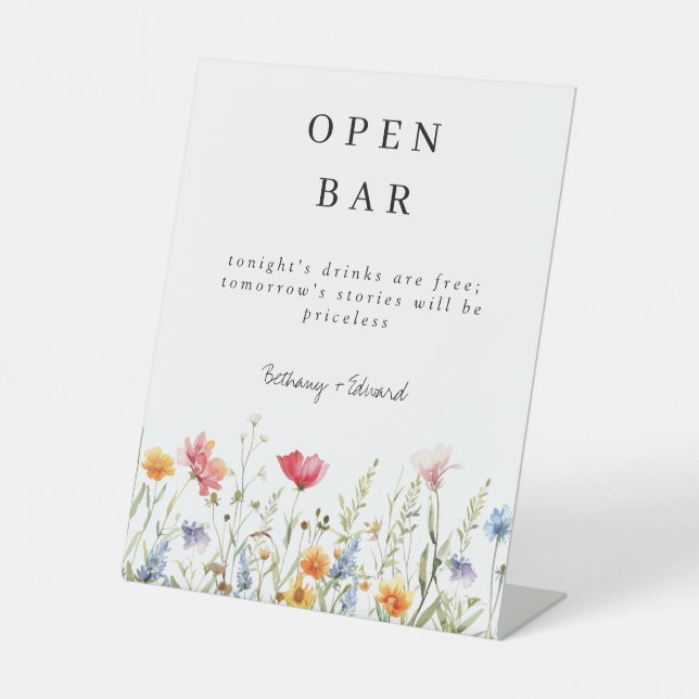 Spring Wildflower Wedding Open Bar Pedestal Sign (Front)