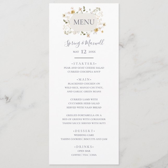 Spring Wildflower | White Wedding Dinner Menu (Front)