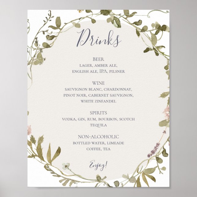 Spring Wildflower | White Wedding Drinks Menu Post Poster (Front)