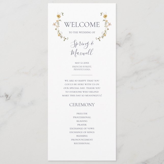 Spring Wildflower | White Wedding Program (Front)