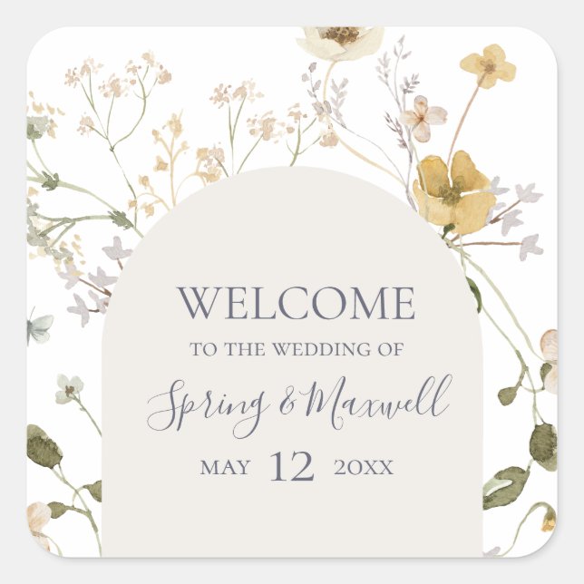 Spring Wildflower | White Wedding Welcome Square Sticker (Front)