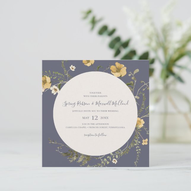 Spring Wildflower Wreath Purple Square Wedding Invitation (Standing Front)
