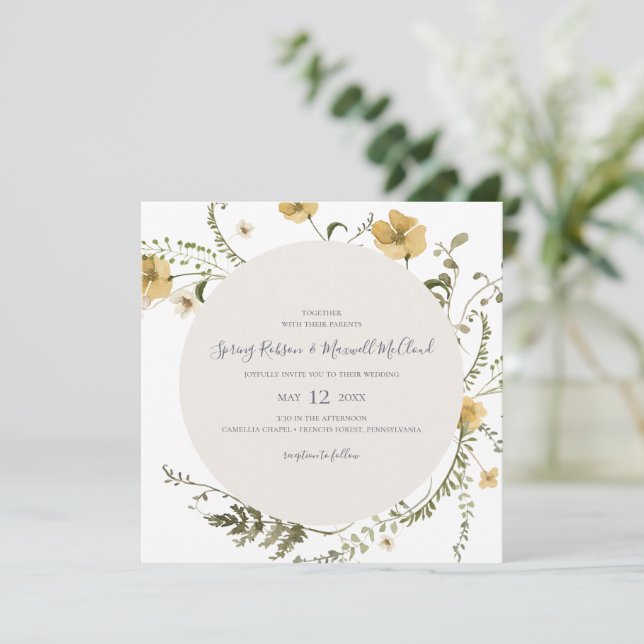 Spring Wildflower Wreath White Square Wedding Invitation (Standing Front)
