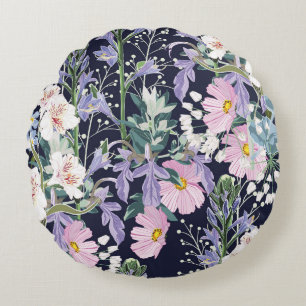 Spring Wildflowers: Dark Blue Vintage. Round Cushion