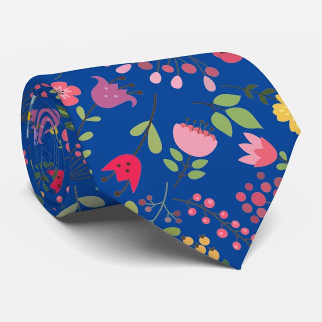 Spring Wildflowers Floral Design on Blue Tie (Rolled)