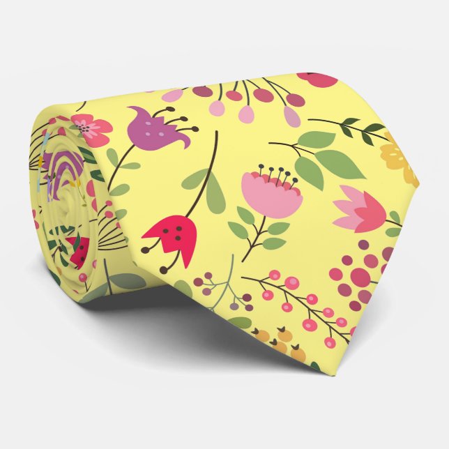 Spring Wildflowers Floral Design on Butter Yellow Tie (Rolled)