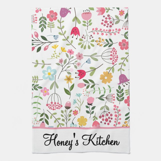Spring Wildflowers Florals on White Personalised Tea Towel (Vertical)