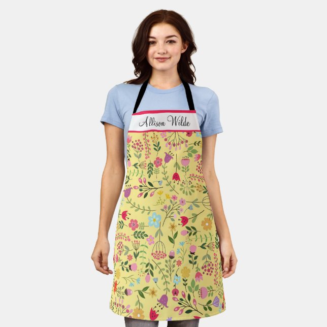 Spring Wildflowers Florals on Yellow Personalised Apron (Worn)