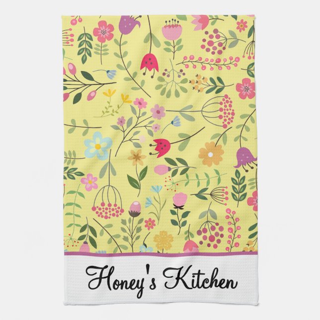 Spring Wildflowers Florals on Yellow Personalised Tea Towel (Vertical)