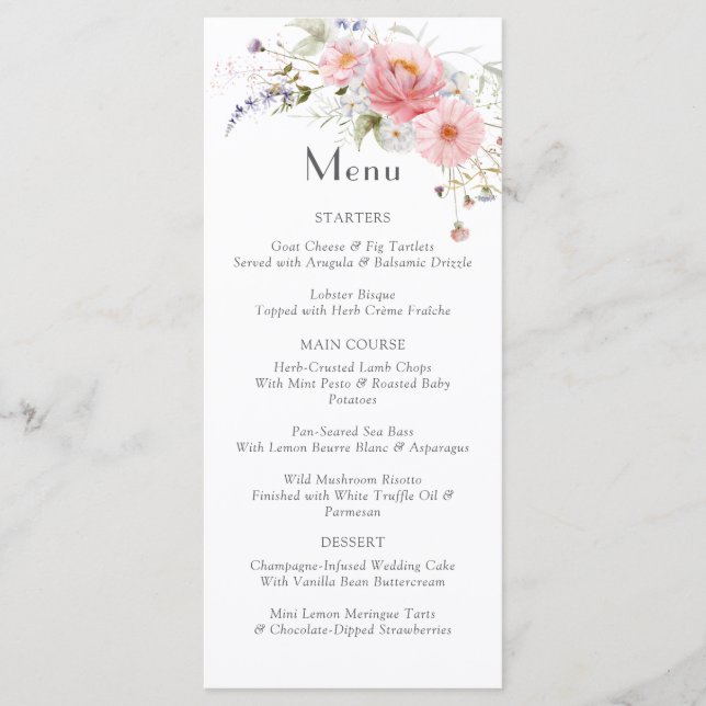 Spring Wildflowers Pink White Wedding Menu (Front)