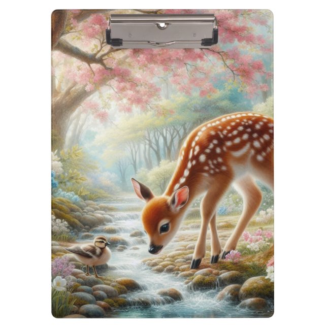Spring woods with duck and fawn/deer  clipboard (Front)