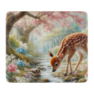 Spring woods with duck and fawn/deer  cutting board