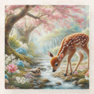 Spring woods with duck and fawn/deer glass coaster