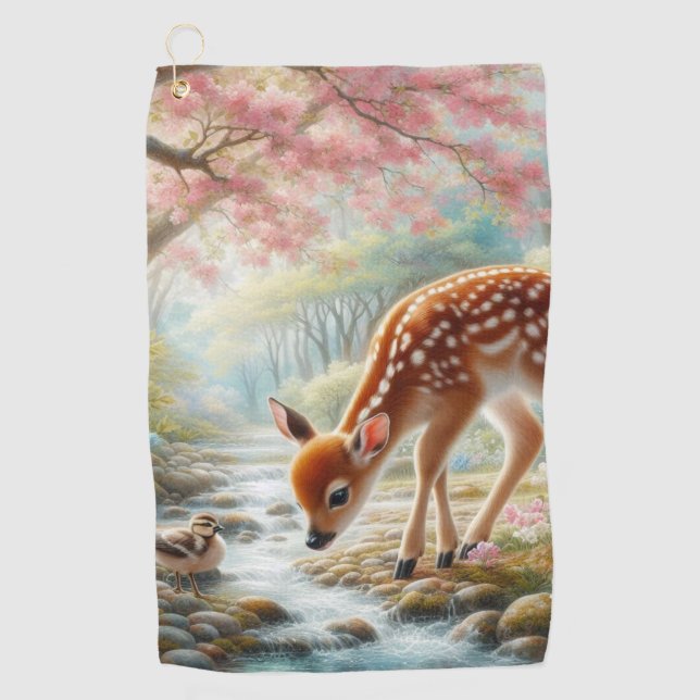 Spring woods with duck and fawn/deer  golf towel (Front)