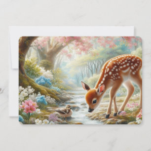 Spring woods with duck and fawn/deer holiday card