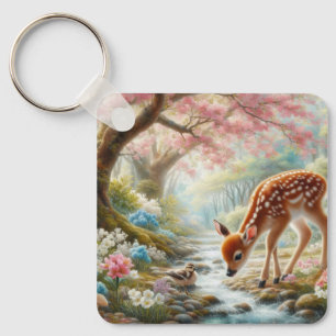 Spring woods with duck and fawn/deer  key ring