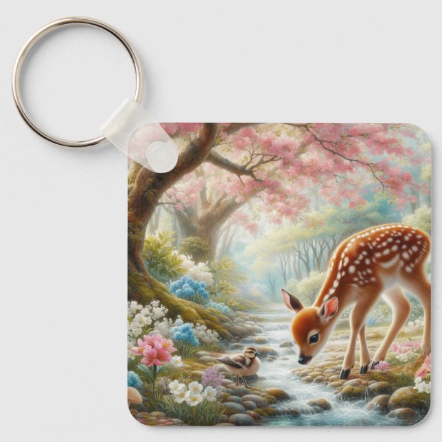 Spring woods with duck and fawn/deer  key ring (Front)