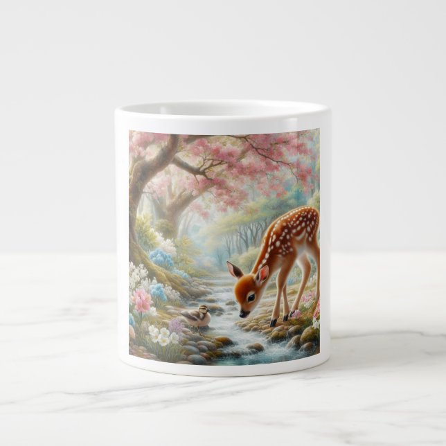 Spring woods with duck and fawn/deer  large coffee mug (Front)