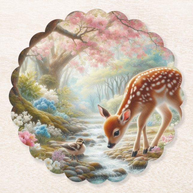 Spring woods with duck and fawn/deer  paper coaster (Front)