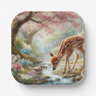 Spring woods with duck and fawn/deer paper plate