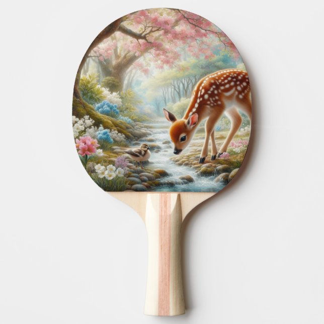 Spring woods with duck and fawn/deer  ping pong paddle (Front)