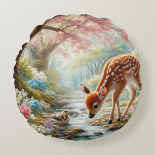 Spring woods with duck and fawn/deer round cushion