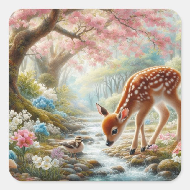 Spring woods with duck and fawn/deer  square sticker (Front)