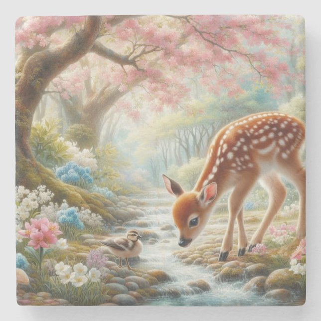 Spring woods with duck and fawn/deer  stone coaster (Front)