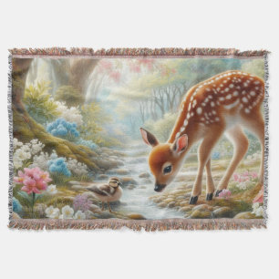 Spring woods with duck and fawn/deer  throw blanket