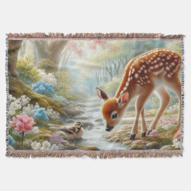Spring woods with duck and fawn/deer  throw blanket (Front)