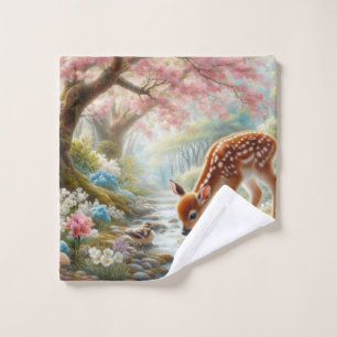 Spring woods with duck and fawn/deer  wash cloth