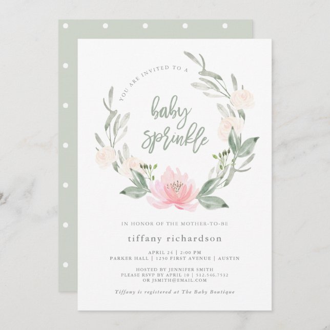 Spring Wreath | Watercolor Floral Baby Sprinkle Invitation (Front/Back)
