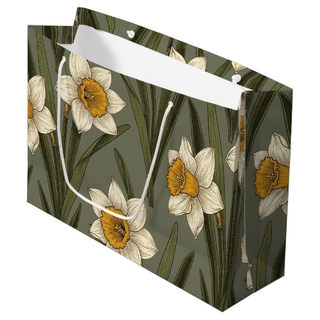 Spring Yellow Daffodil Floral Botanical Pattern Large Gift Bag (Front Angled)
