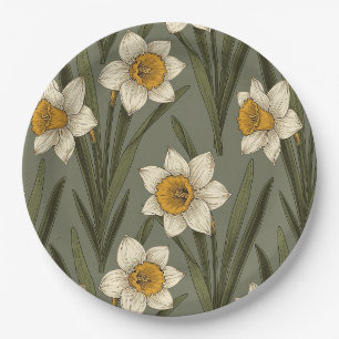 Spring Yellow Daffodil Floral Botanical Pattern Paper Plate