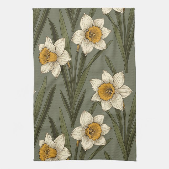 Spring Yellow Daffodil Floral Botanical Pattern Tea Towel (Vertical)