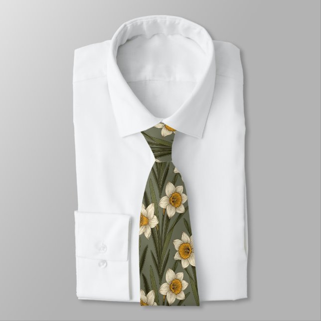 Spring Yellow Daffodil Floral Botanical Pattern Tie (Tied)